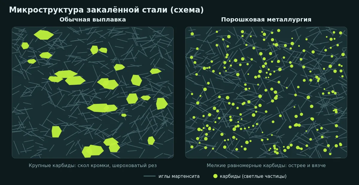 Схема микроструктуры: слева крупные неравномерные карбиды обычной стали, справа мелкие равномерные карбиды порошковой стали