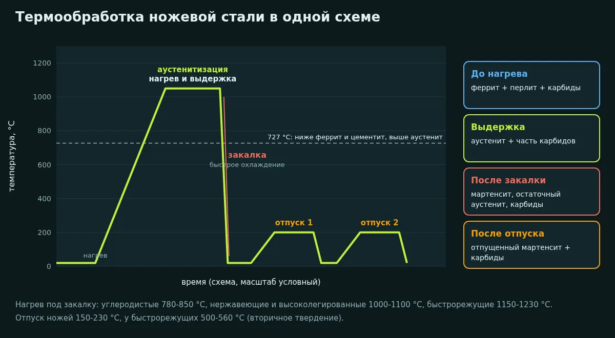 График температуры во времени: нагрев до аустенитизации, закалка, два отпуска, и структуры на каждом этапе