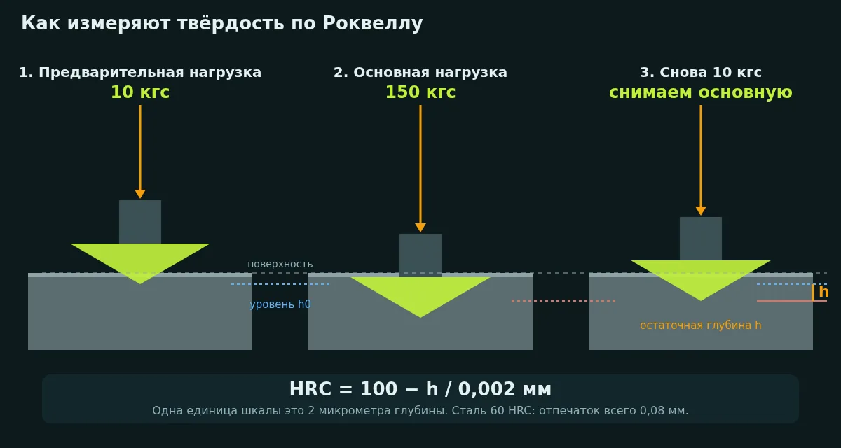Три этапа измерения по Роквеллу: предварительная нагрузка, основная нагрузка, снятие основной нагрузки, и формула HRC равно 100 минус h деленное на 0,002 мм