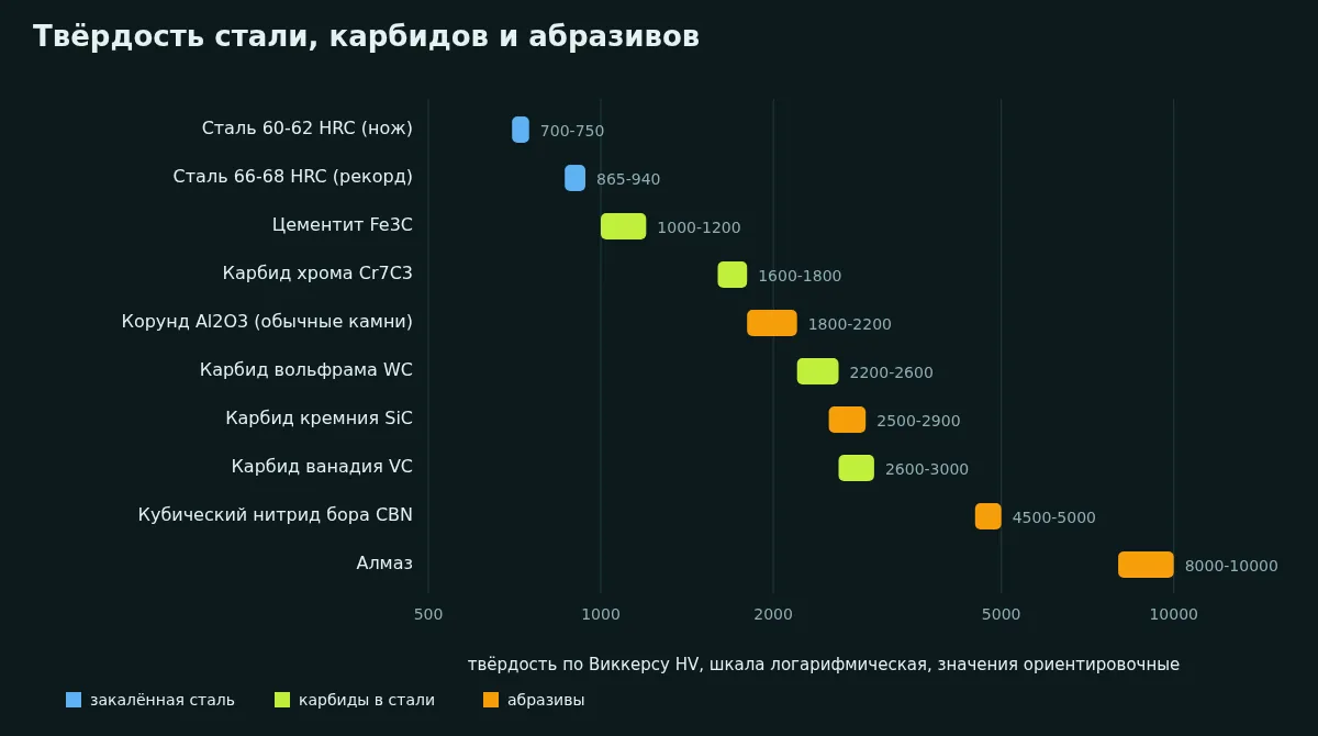 Горизонтальная диаграмма твёрдости по Виккерсу: сталь, карбиды, абразивы, алмаз, логарифмическая шкала