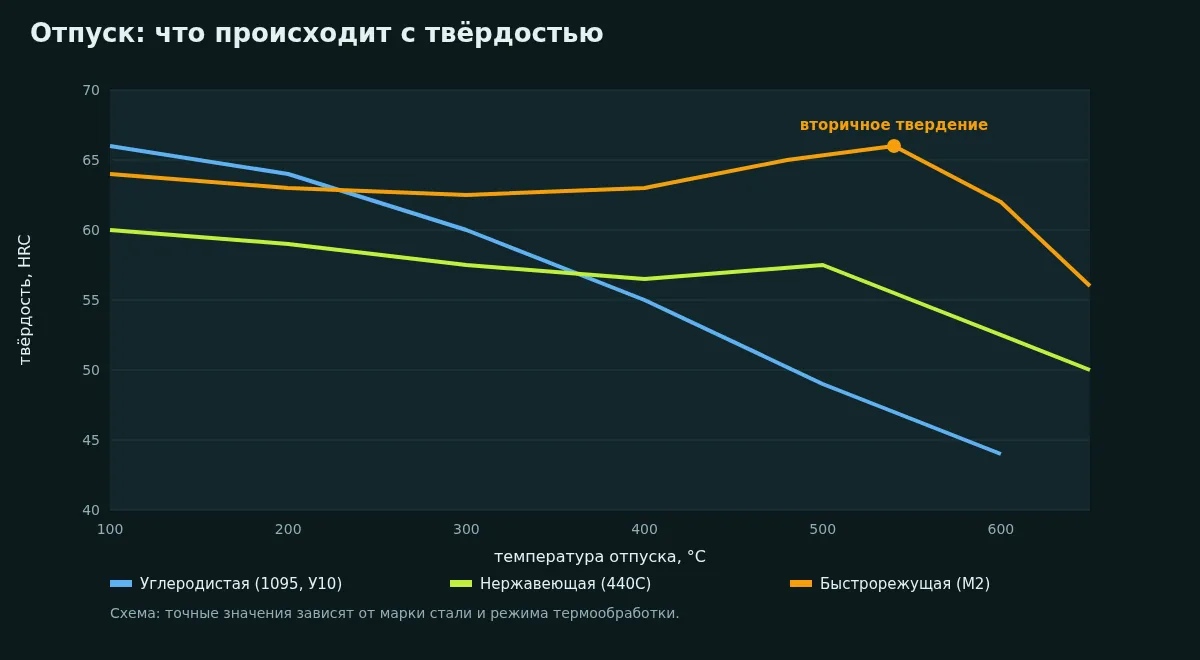 Три кривые твёрдости от температуры отпуска: углеродистая падает, нержавеющая почти ровная, быстрорежущая имеет пик вторичного твердения около 540 градусов