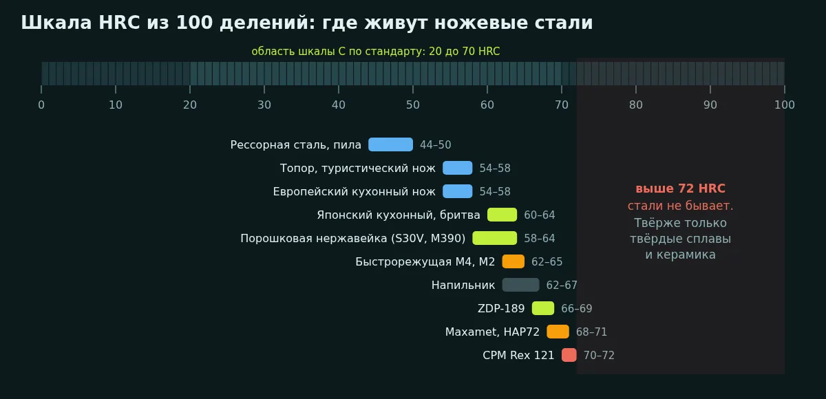 Шкала HRC из ста делений и диапазоны твёрдости разных ножей и сталей от 44 до 72