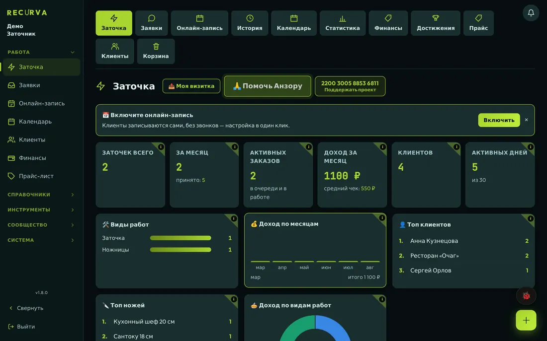 Главный экран Recurva в браузере