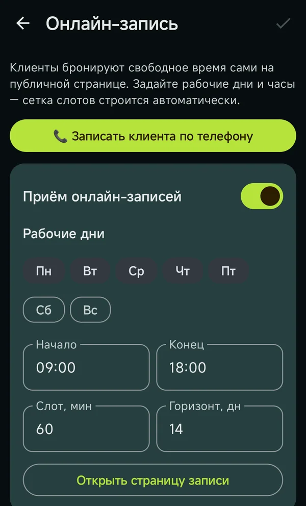 Экран настройки онлайн-записи в приложении Recurva