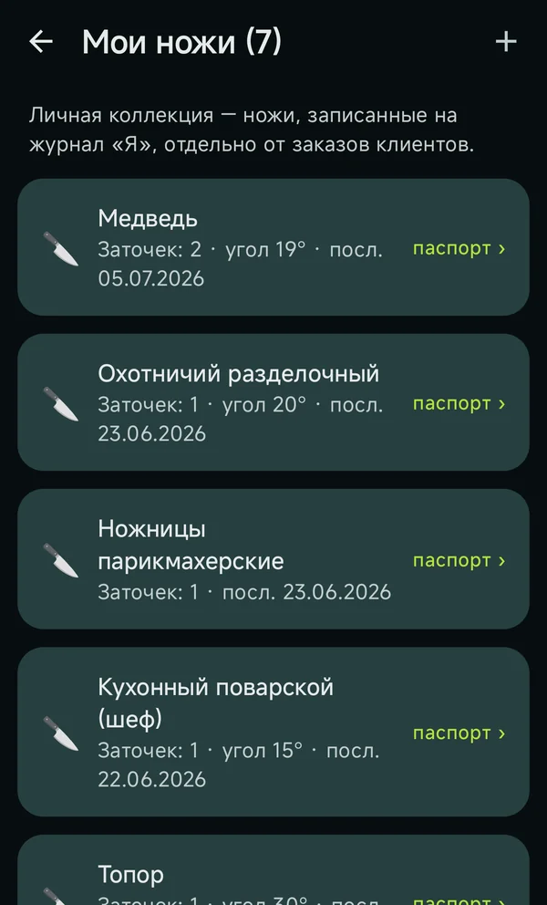Экран личной коллекции ножей мастера в приложении Recurva