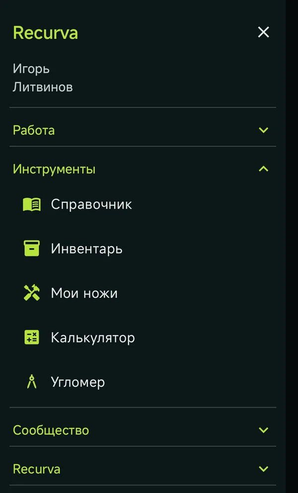 Экран меню с разделами приложения Recurva